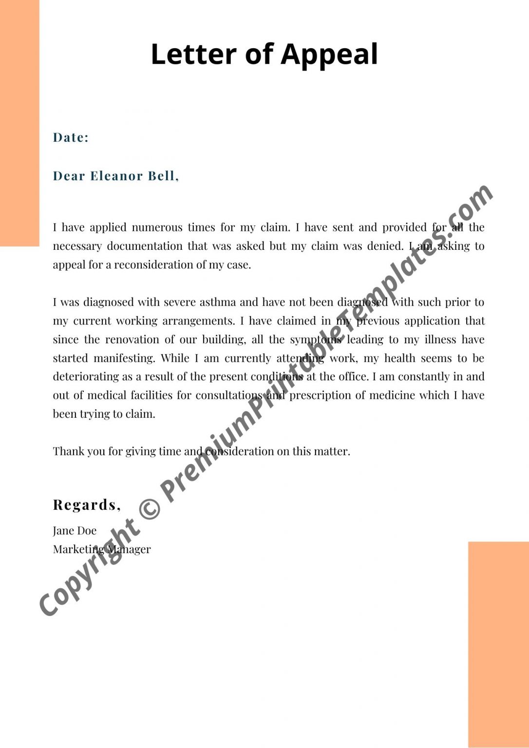 Appeal Letter Printable Template Editable PDF