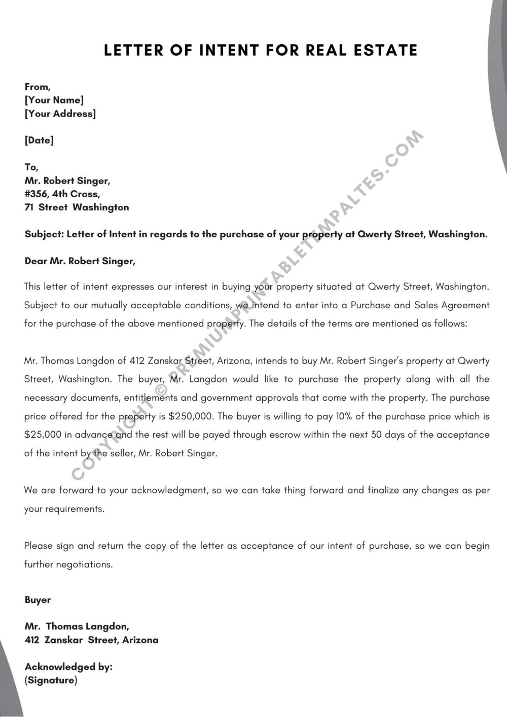 Letter of Intent for Real Estate PDF