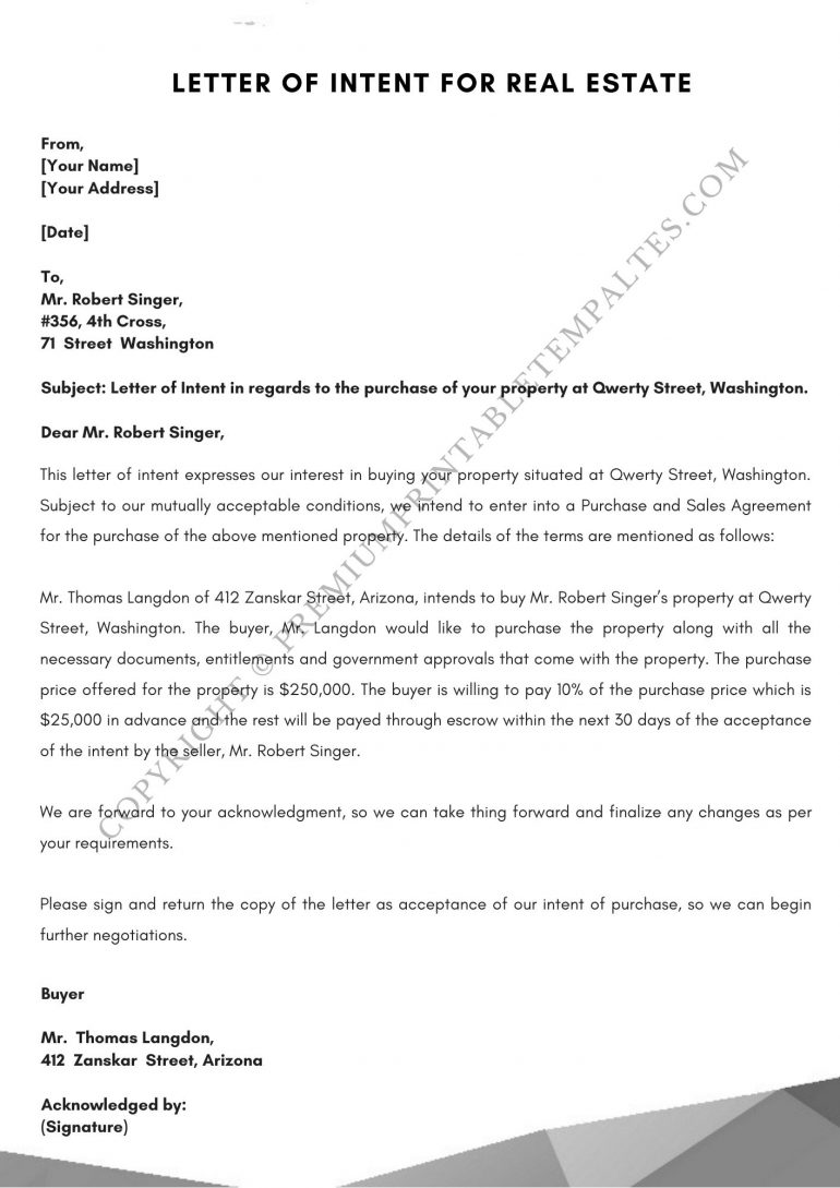 Letter of Intent for Real Estate Template