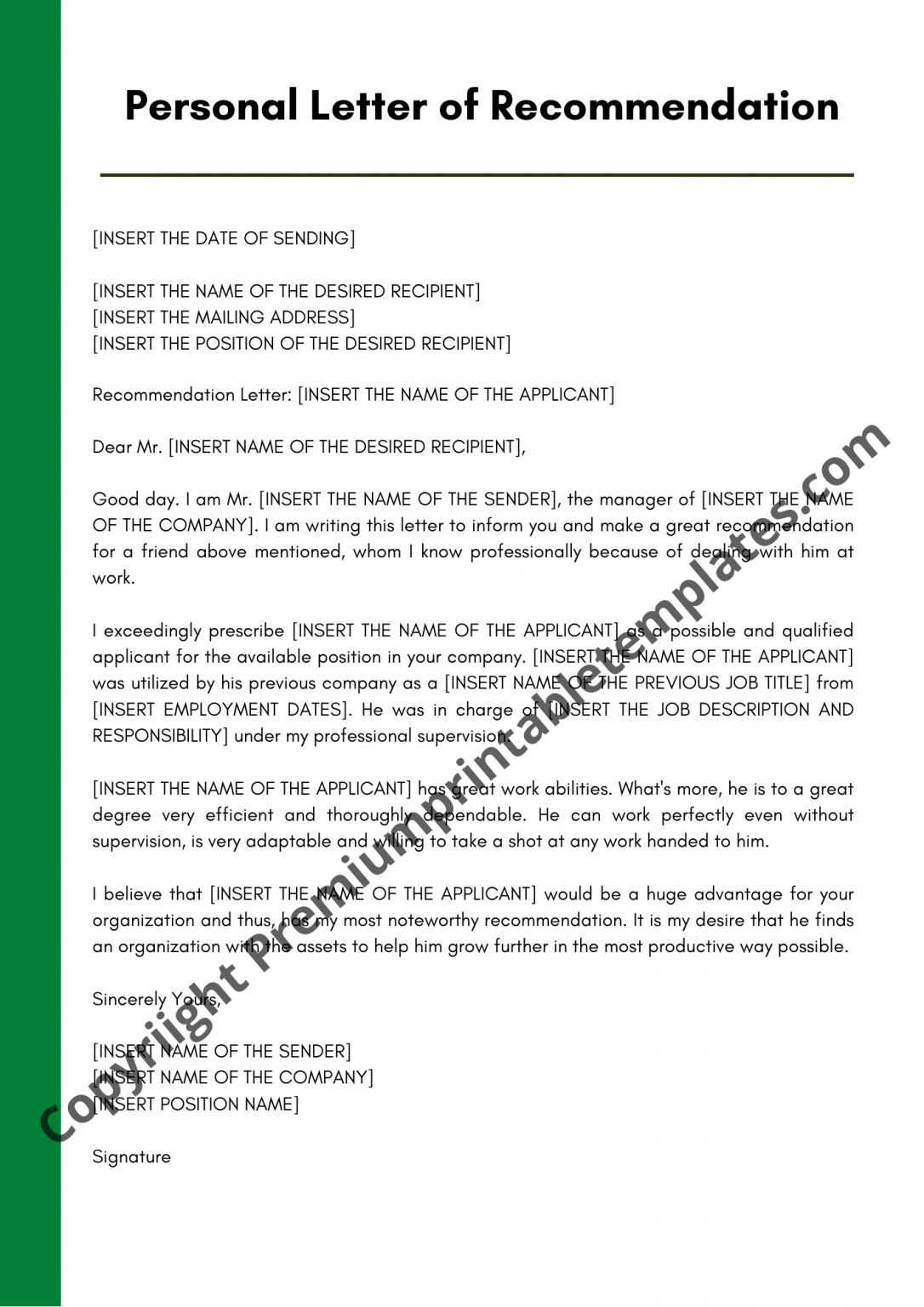 Personal Letter of Recommendation Printable Sample Examples