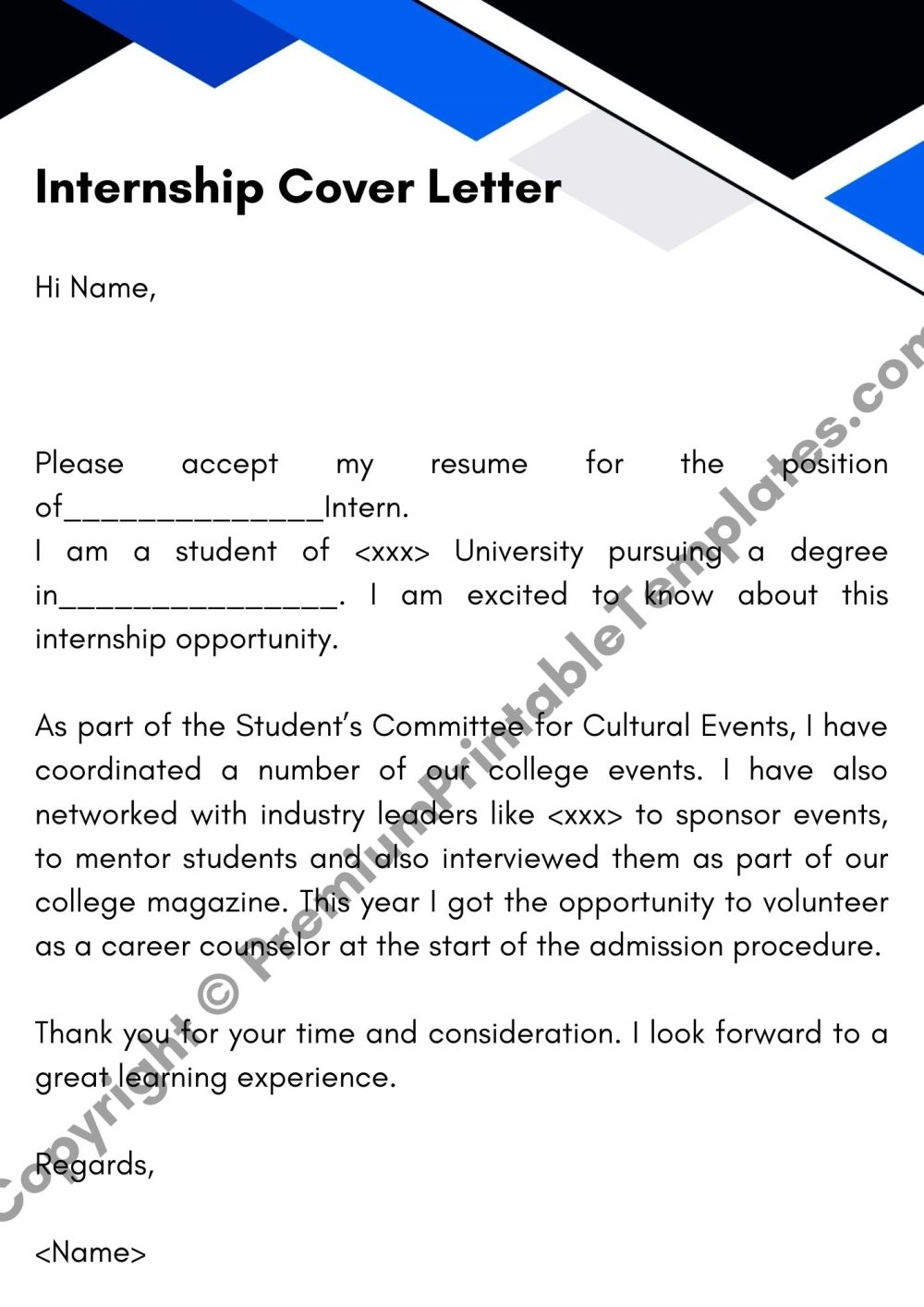 Printable Internship Cover Letter