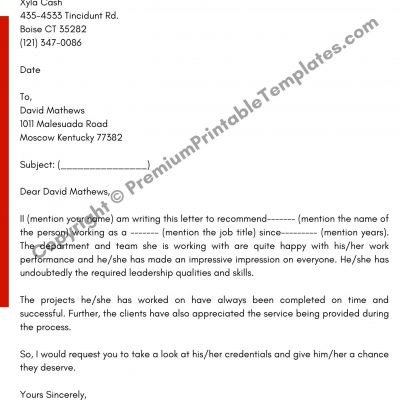Printable Recommendation Letter for Promotion