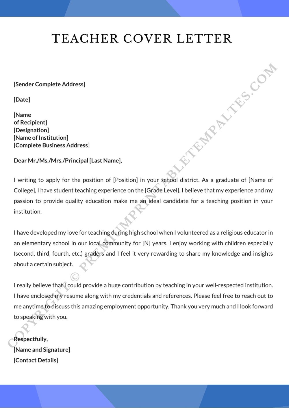 Printable Teacher Cover Letter