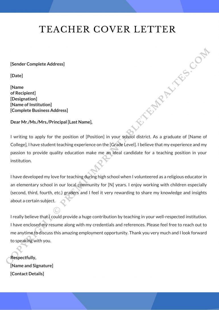 Printable Teacher Cover Letter