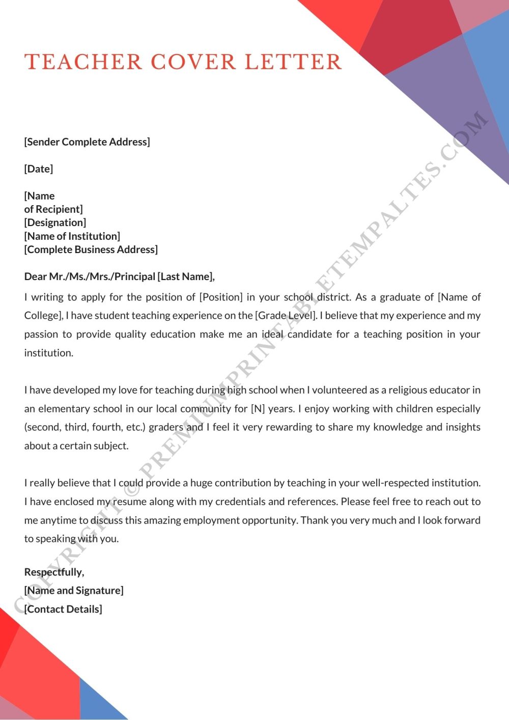 Teacher Cover Letter Download