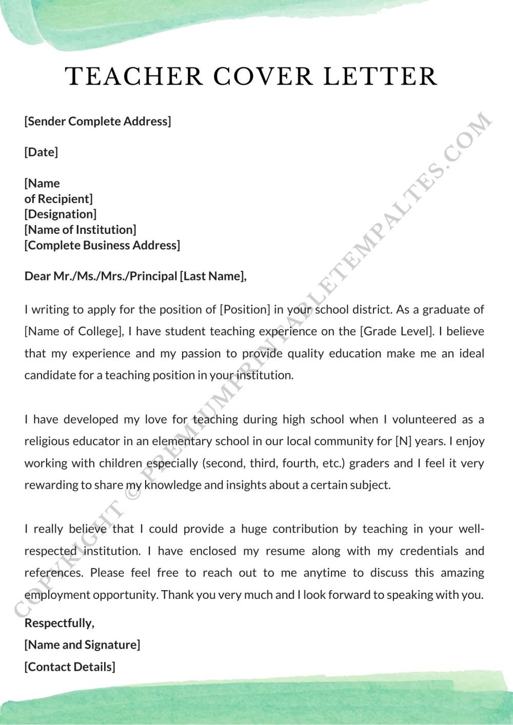 Teacher Cover Letter Template