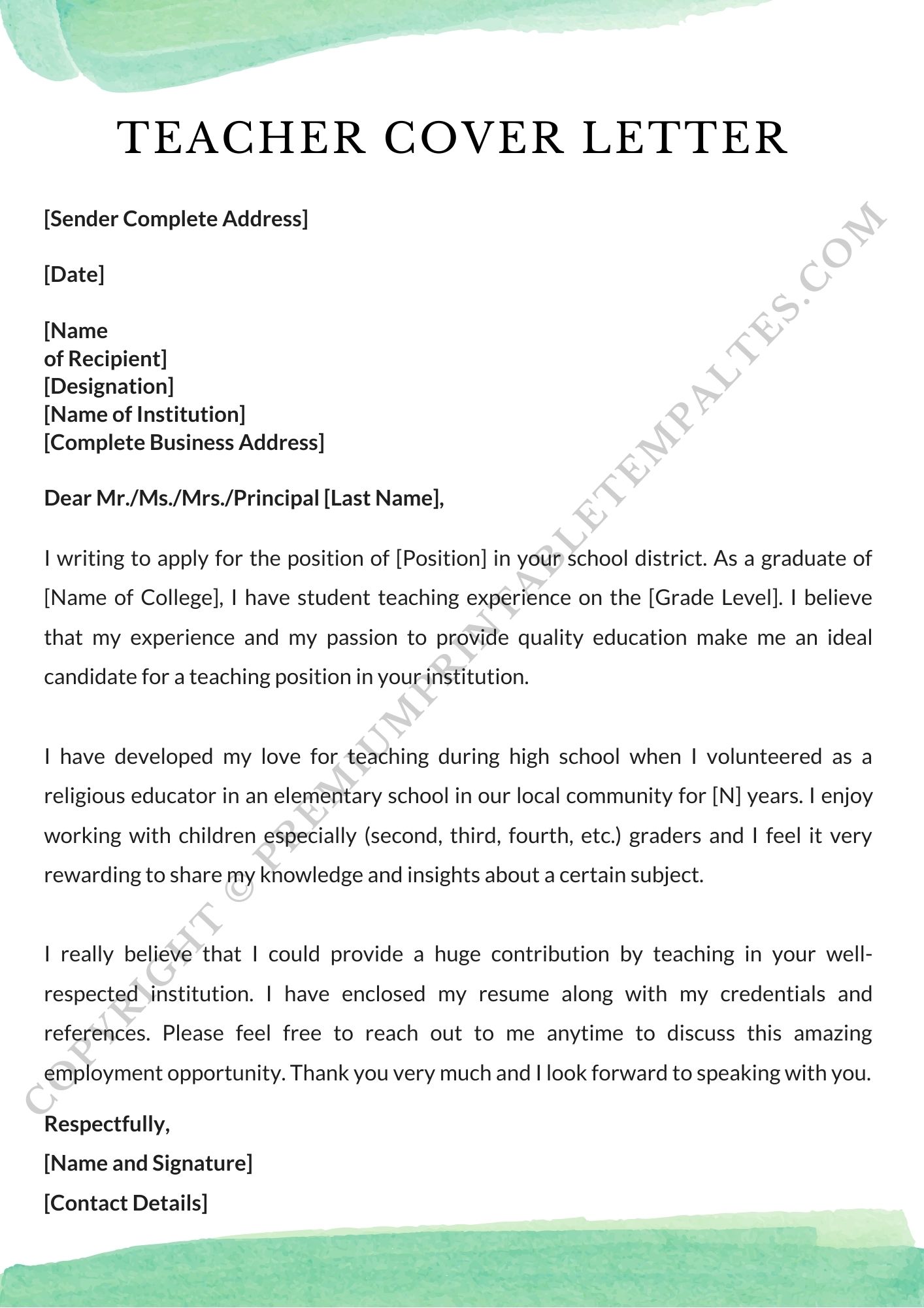 Teacher Cover Letter Editable PDF [Pack of 5]