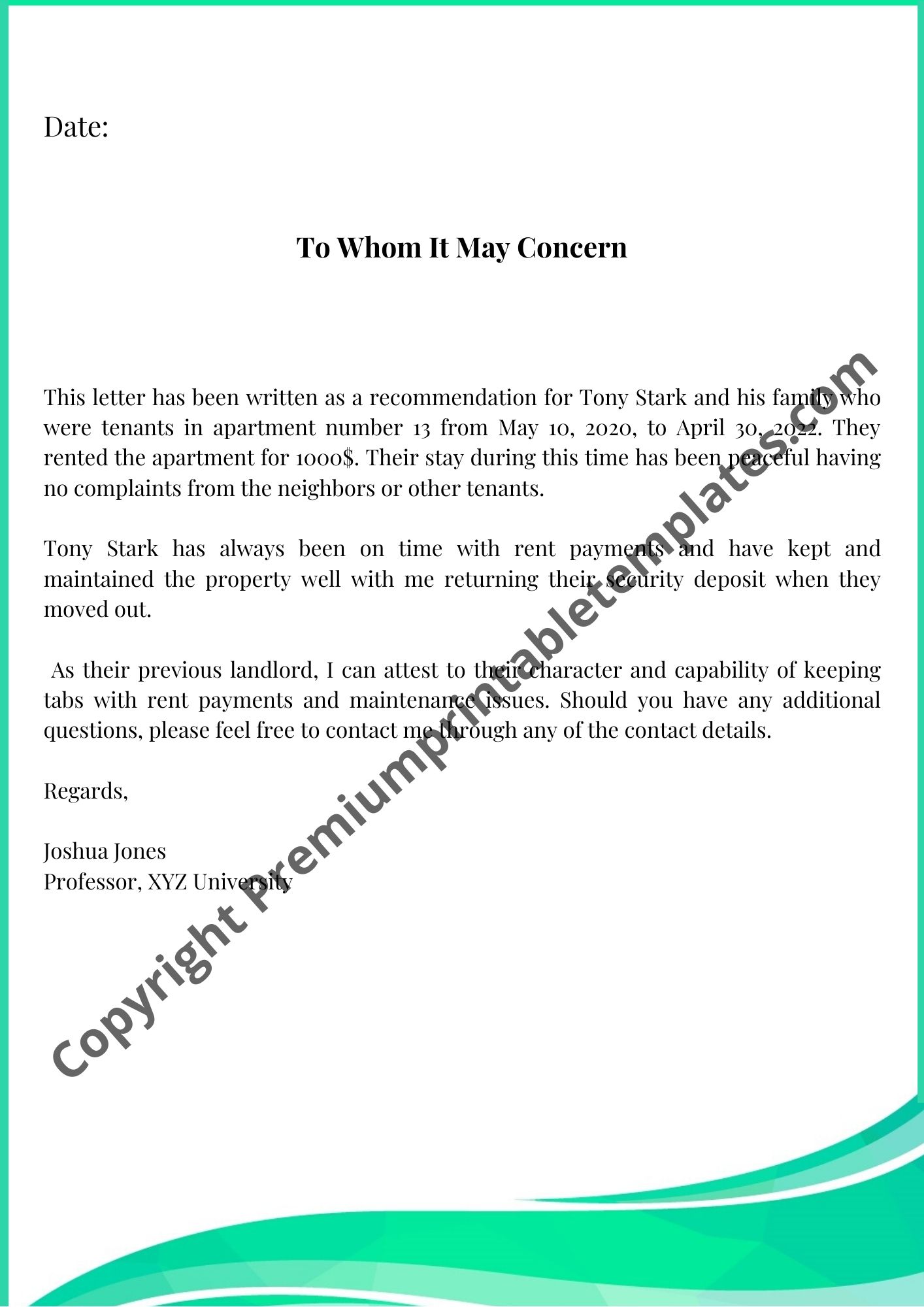 Landlord Reference Letter Editable PDF Premium Printable Templates