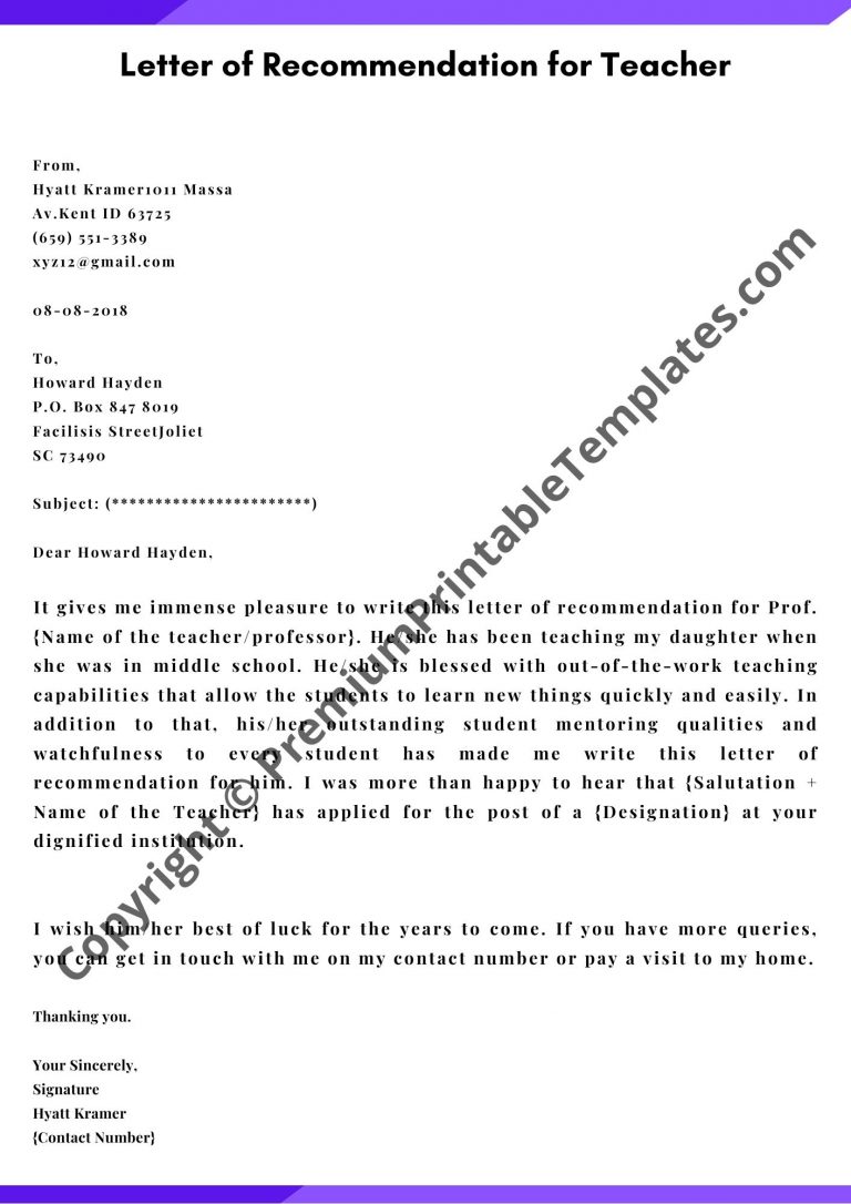 Letter of Recommendation for Teacher | Editable