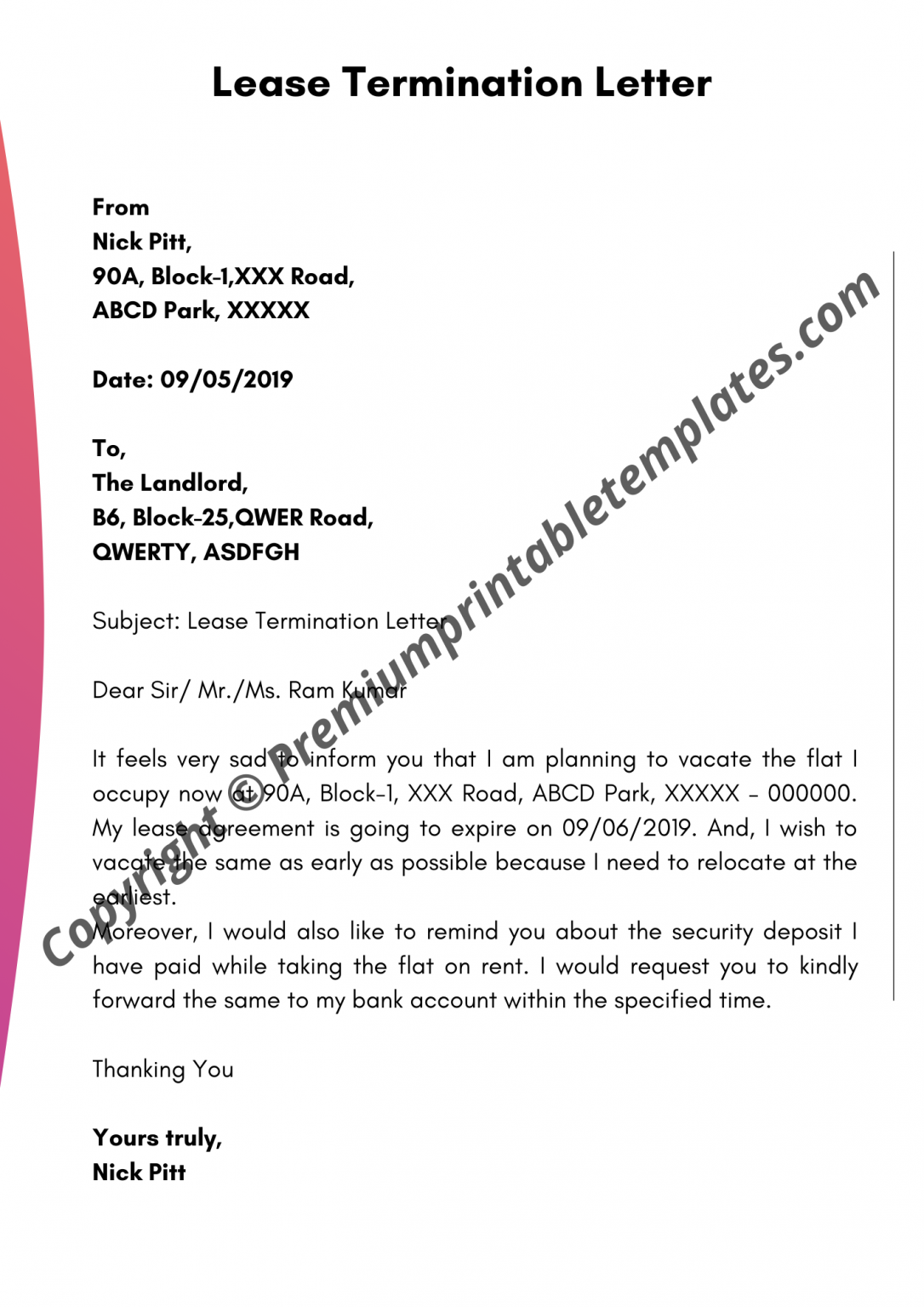 Lease Termination Letter Editable PDF