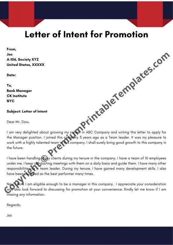 Letter of Intent for Promotion Printable Template in PDF & Word [Pack of 5]