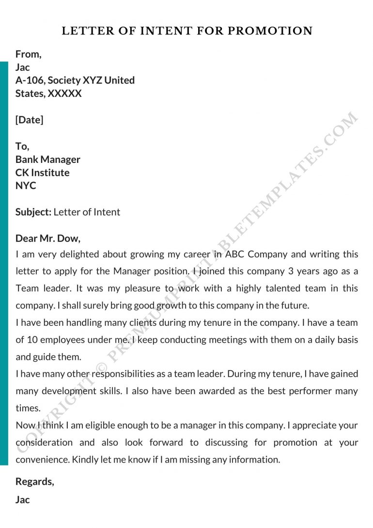 Letter of Intent for promotion Template