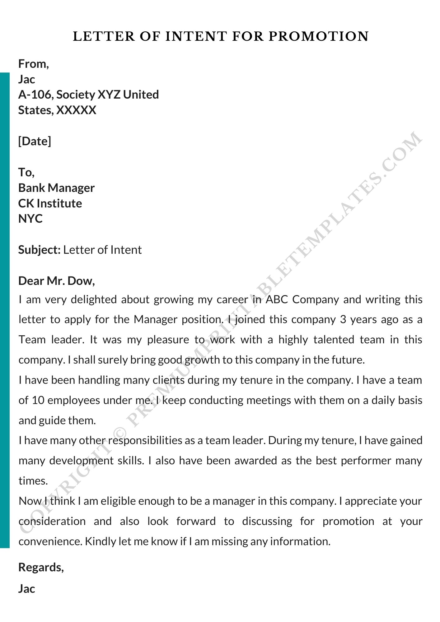 Letter Of Intent For Promotion Printable Template In PDF Word Pack Of 5 