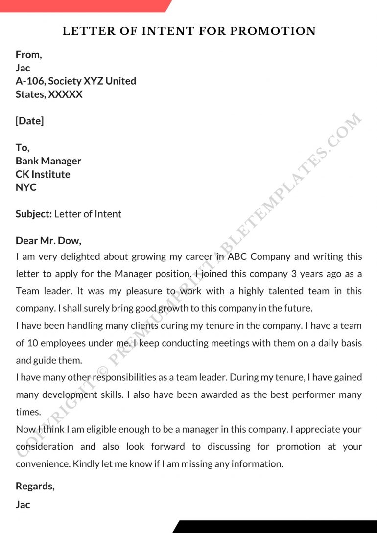 Letter Of Intent For Promotion Printable Template In Pdf And Word Pack Of 5 0646