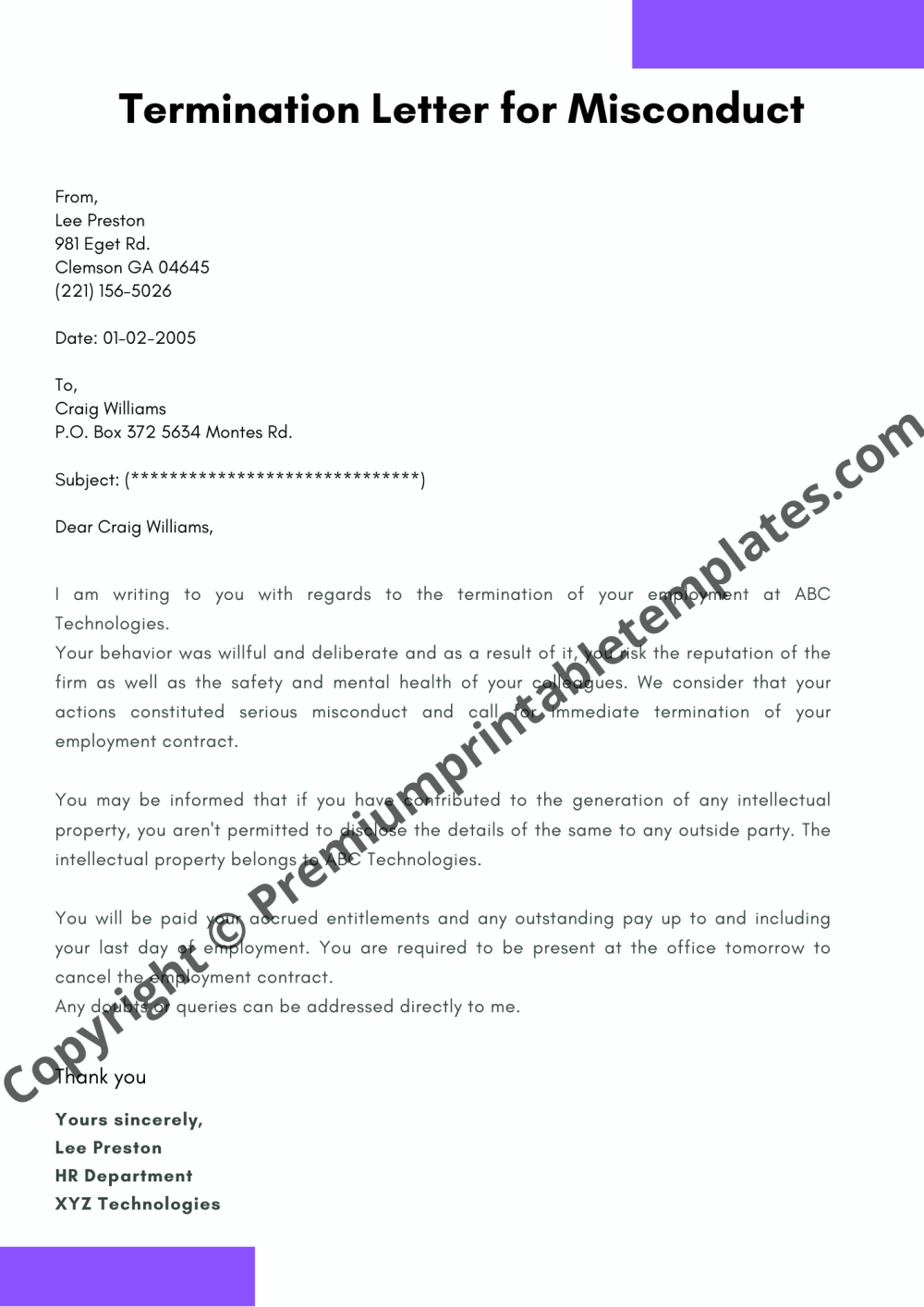 Sample Termination Letter for Misconduct