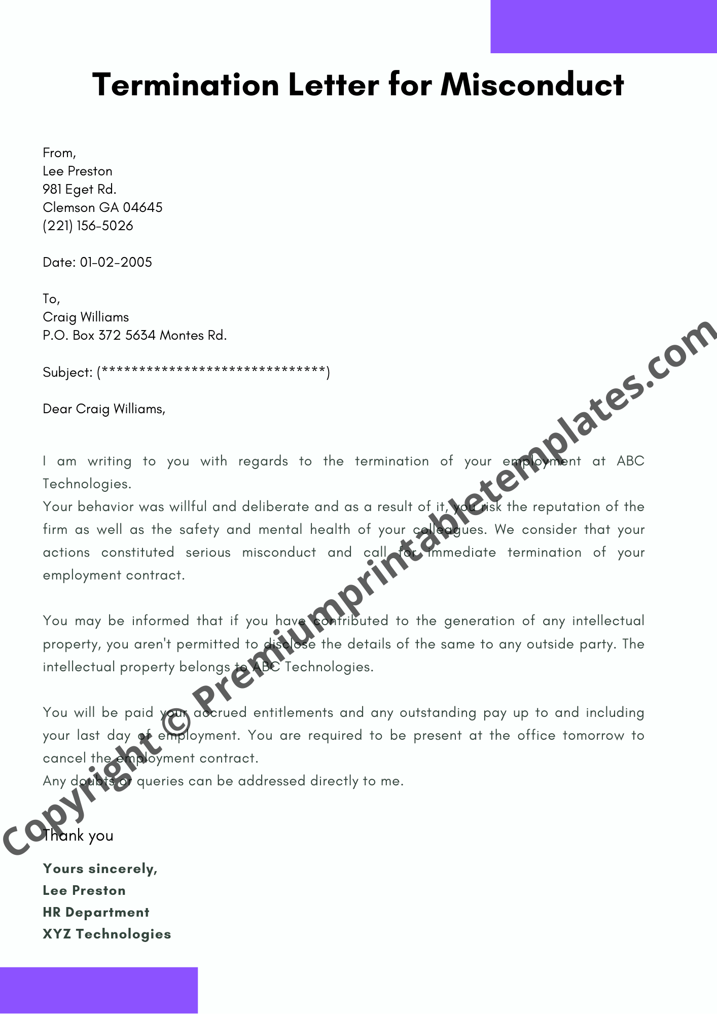 Sample Of Termination Letter To Employee from premiumprintabletemplates.com