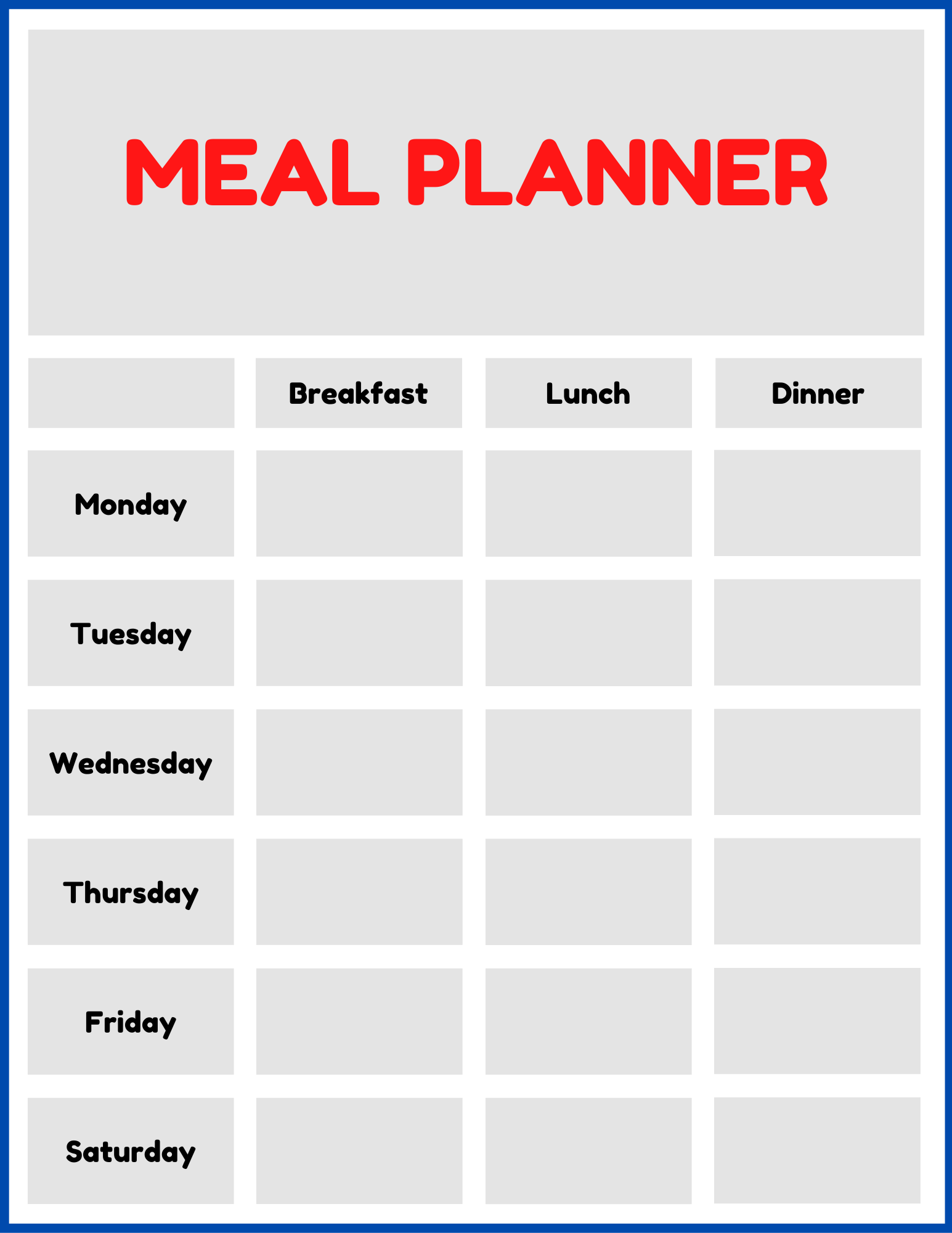 7 day weekly meal planner printable