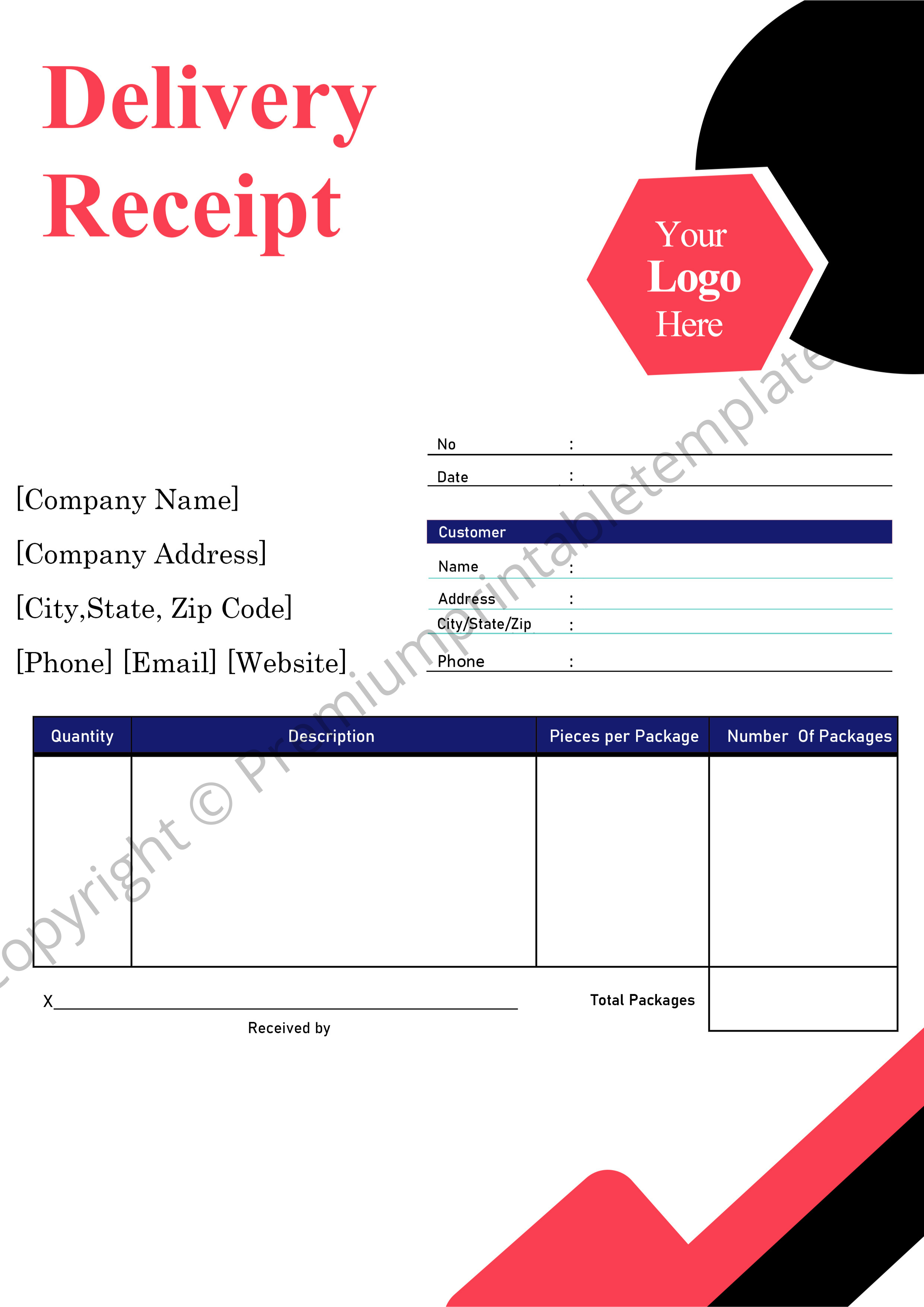 Delivery Receipt Template Editable Printable Pack Of 5 