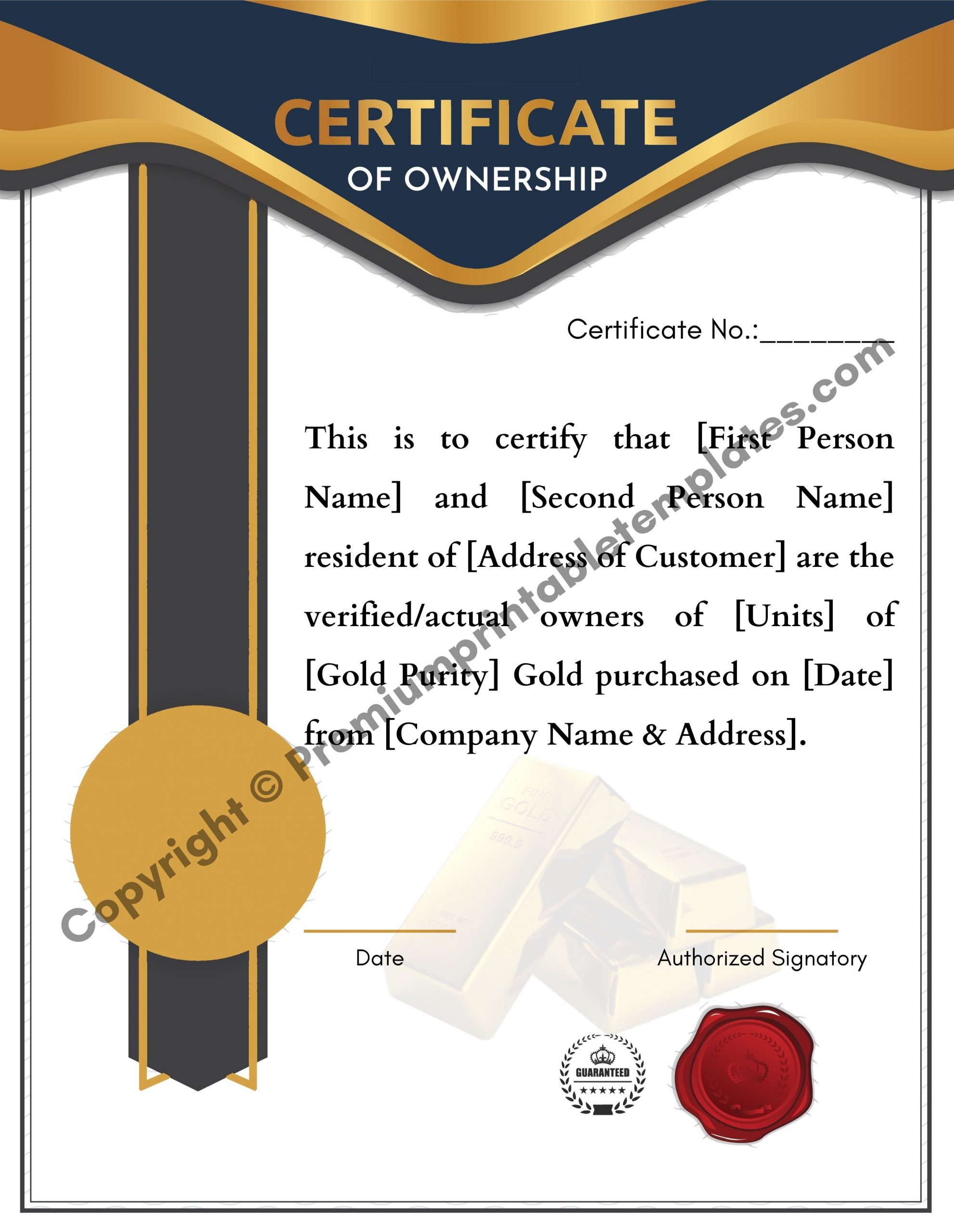 Certificate of Ownership for Gold (For 23 People)- PDF, Editable Inside Ownership Certificate Template