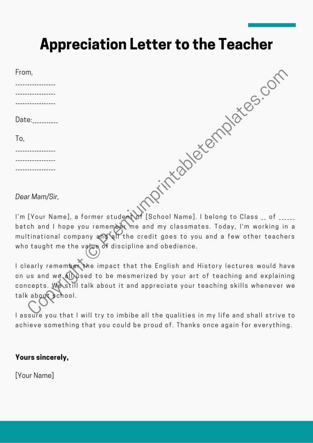 Appreciation Letter to a Teacher Printable Template- PDF & Word [Pack of 5]