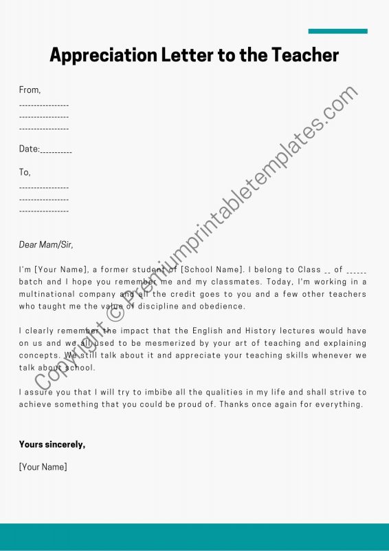 Appreciation Letter to a Teacher Printable Template- PDF & Word [Pack of 5]