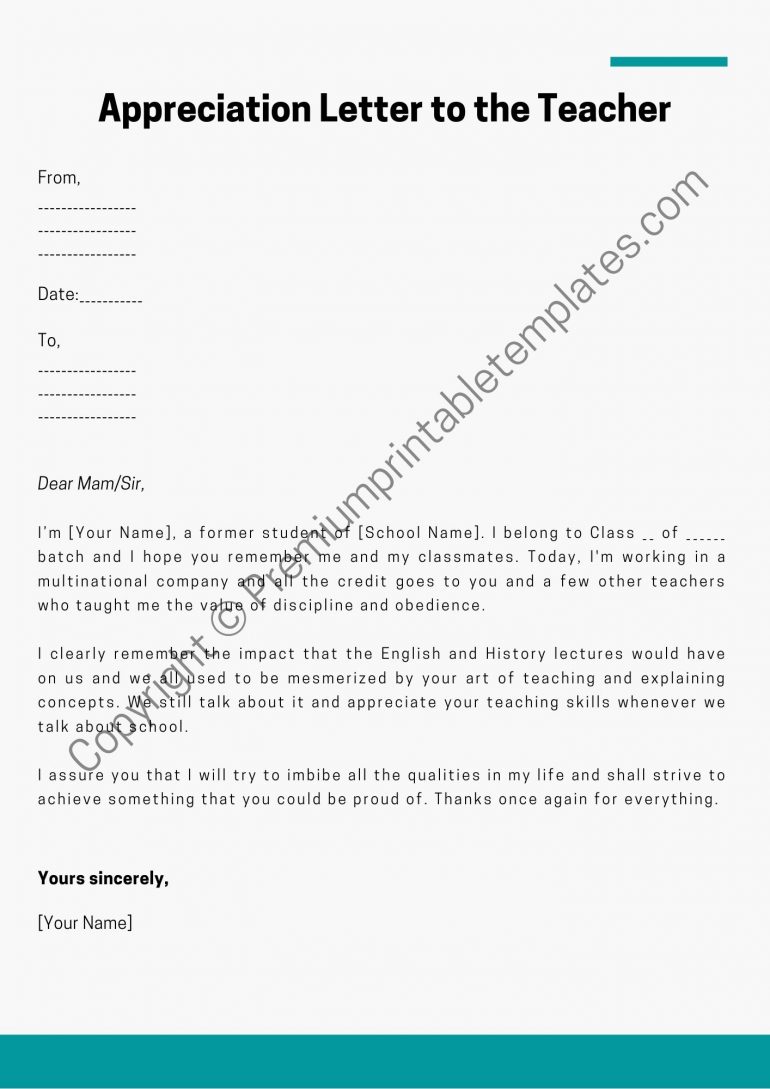 Appreciation Letter To A Teacher Printable Template- Pdf & Word [pack Of 5]