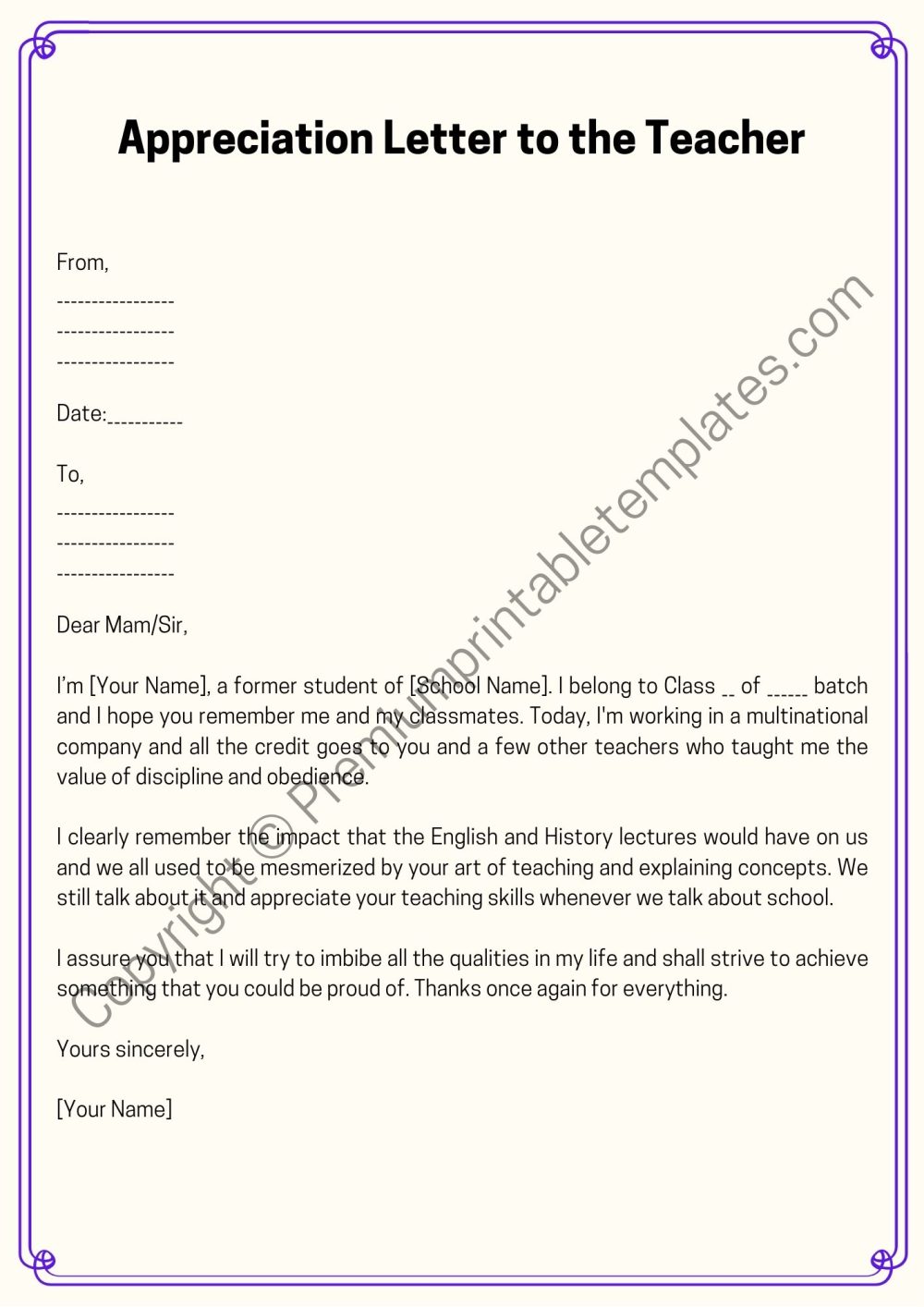 Appreciation Letter to the Teacher Template