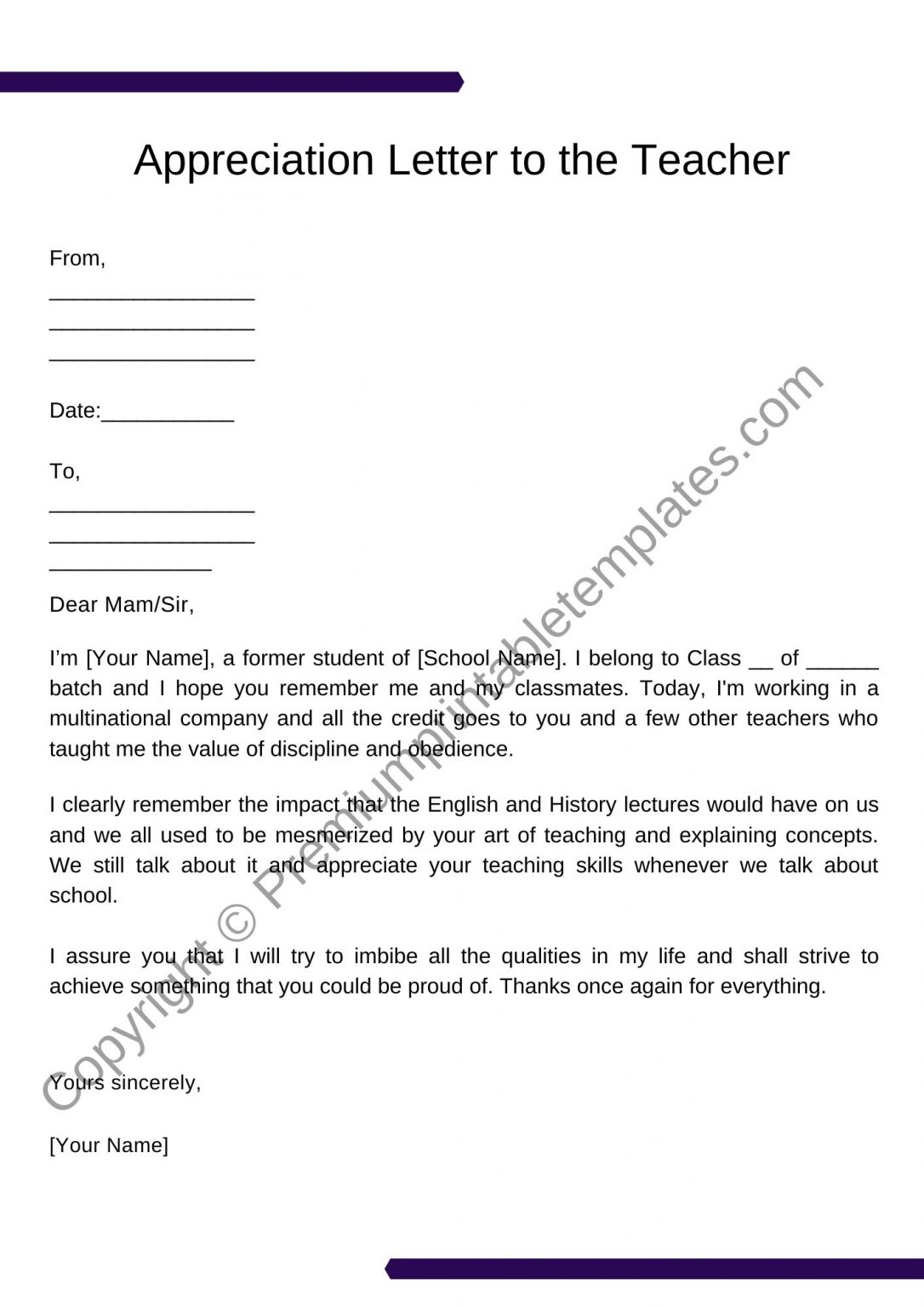 Appreciation Letter to a Teacher Printable Template PDF & Word [Pack of 5]