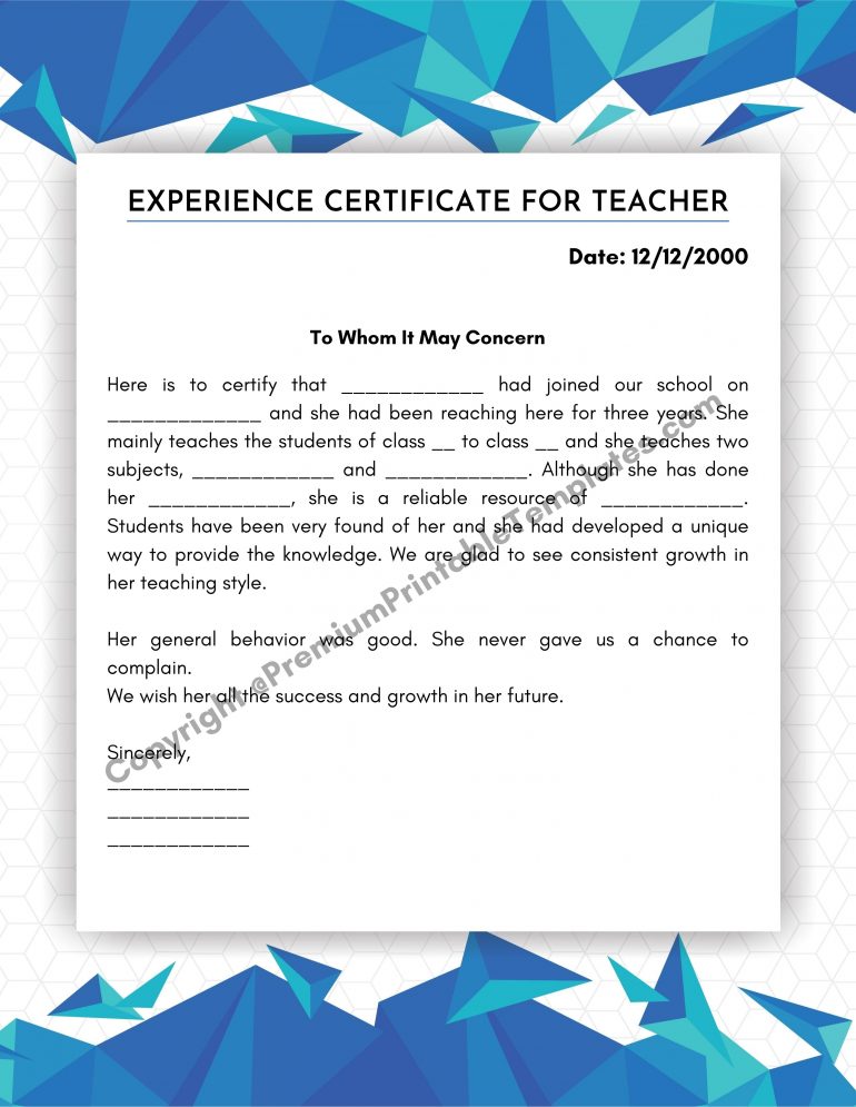 Experience Certificate For Teacher PDF And Editable Word Pack Of 5 