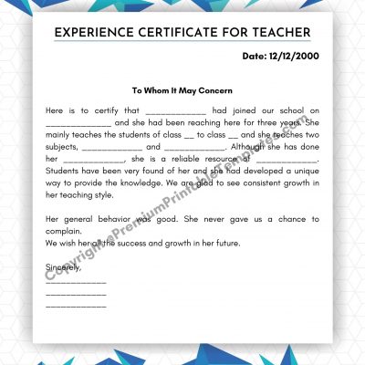 Experience Certificate for teacher