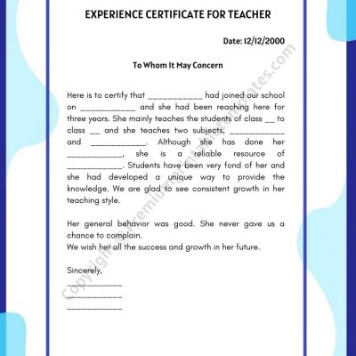 teacher experience certificate format