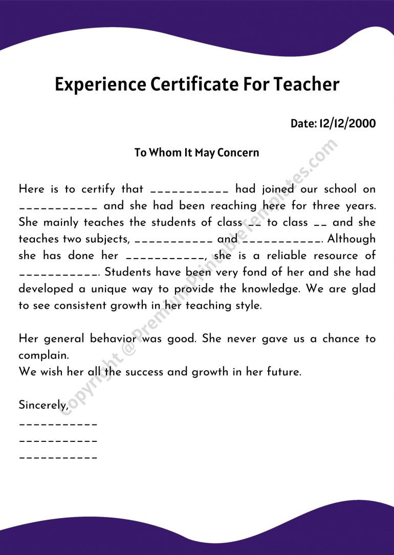 Experience Certificate for teacher template pdf