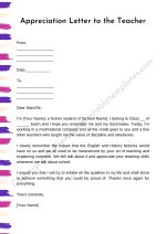 Printable Appreciation Letter to the Teacher