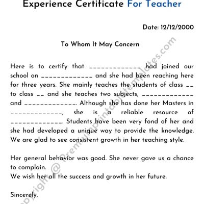 college teaching experience certificate format doc