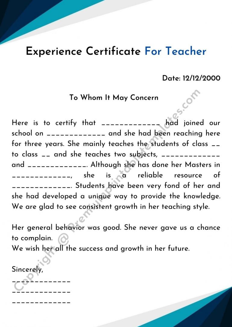Experience Certificate For Teacher PDF And Editable Word Pack Of 5 