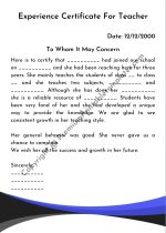 Printable Experience Certificate for teacher pdf