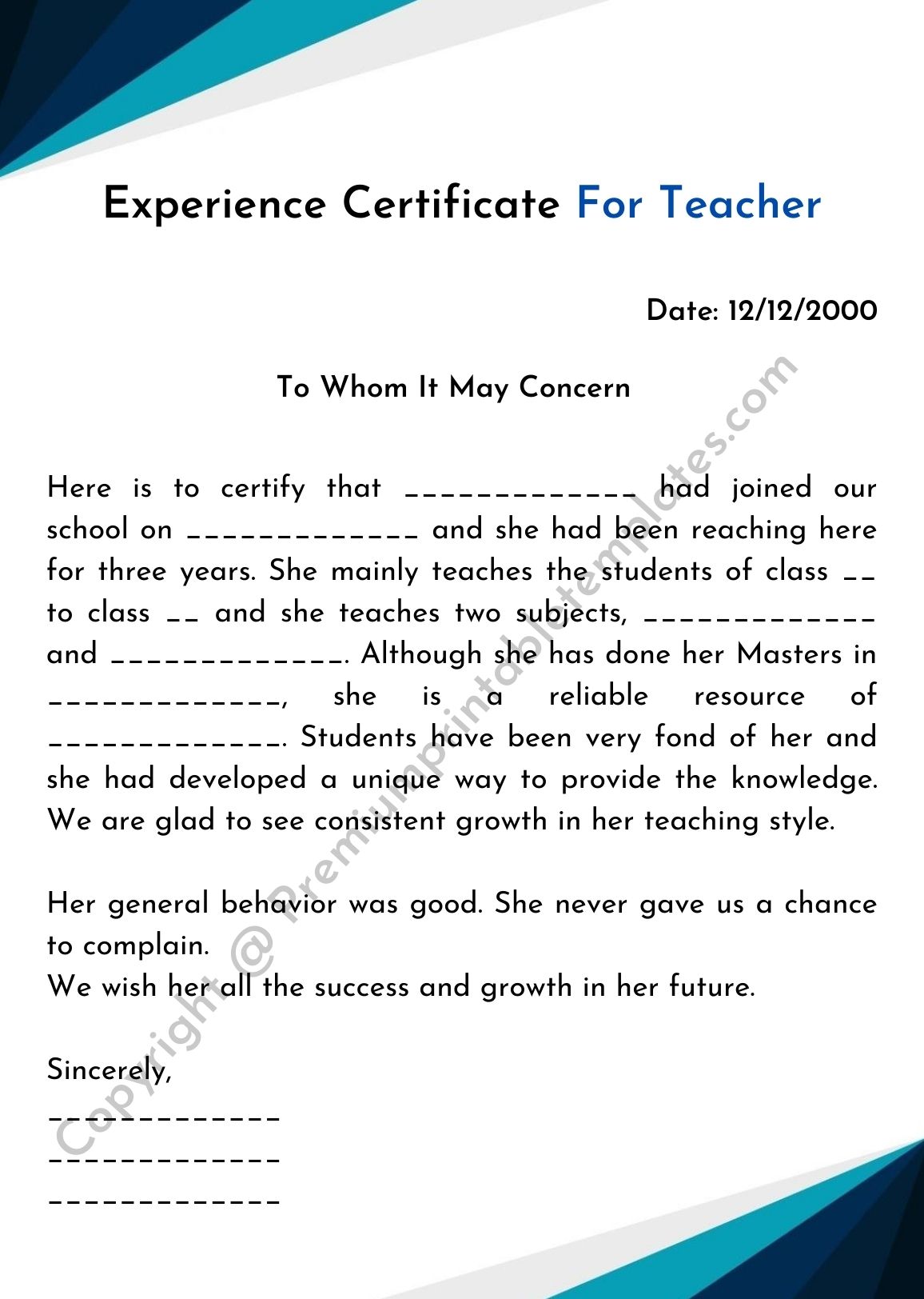 format of experience certificate