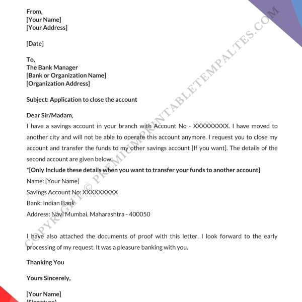 bank account closing letter sample format