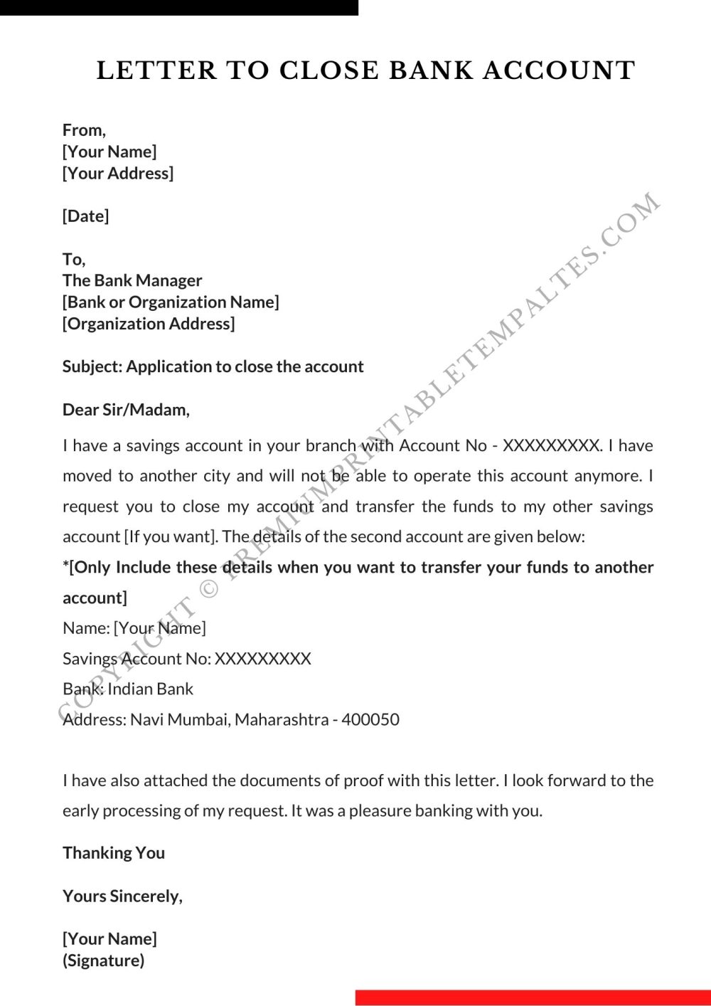 Bank Account Closing Letter