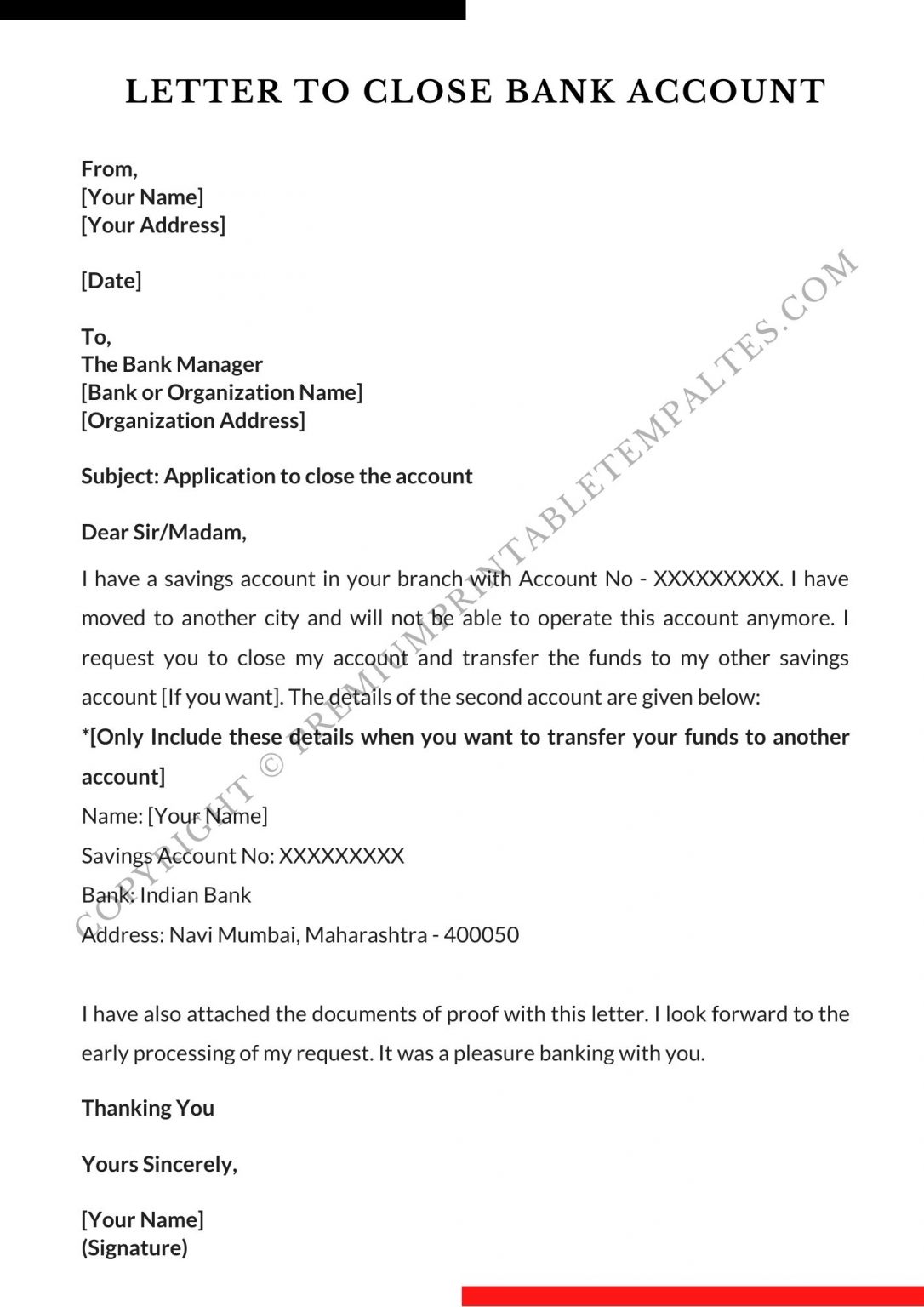 Closing Bank Account Letter Template