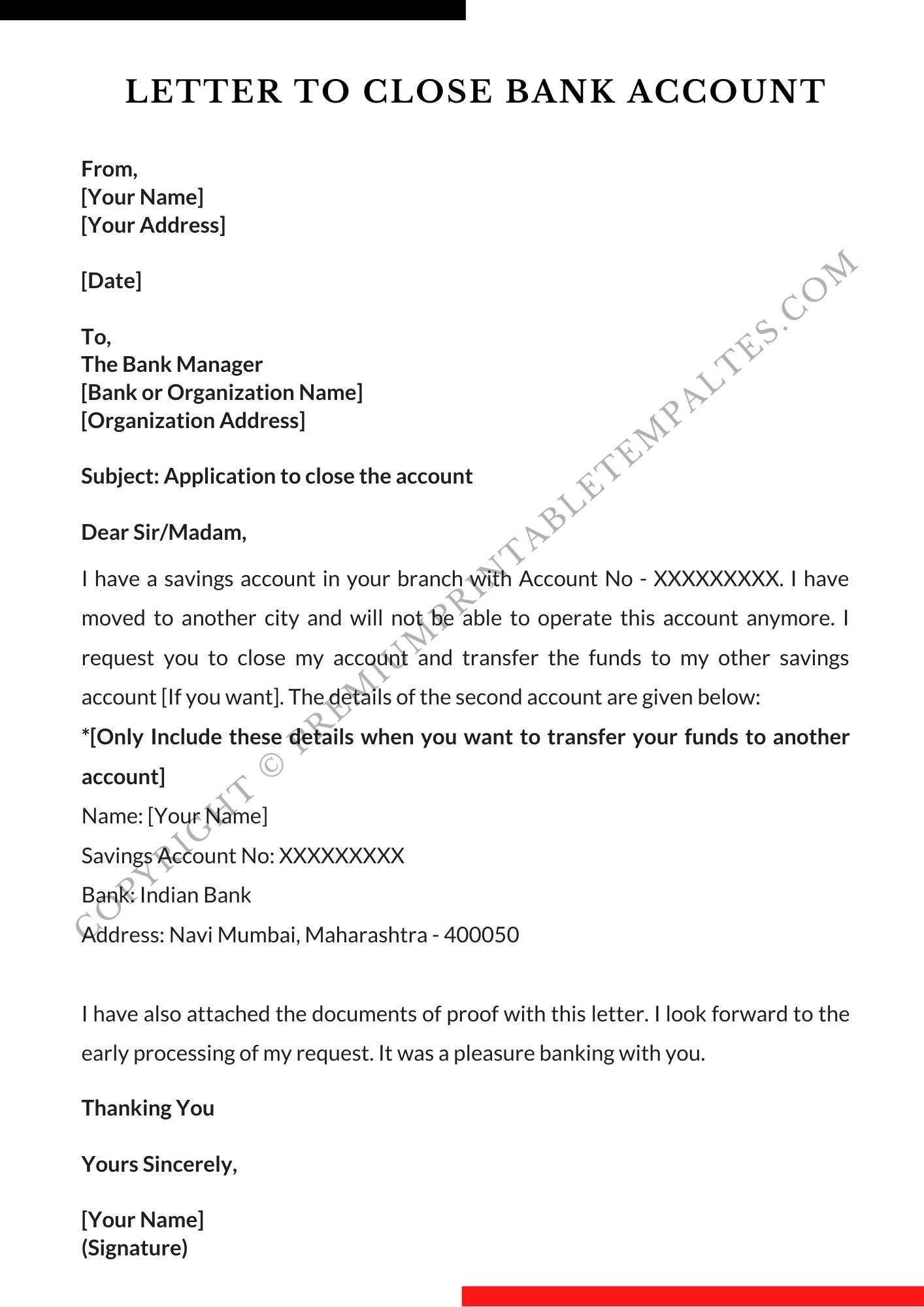 Bank Account Closing Letter Printable Template in PDF & Word [Pack of 3]
