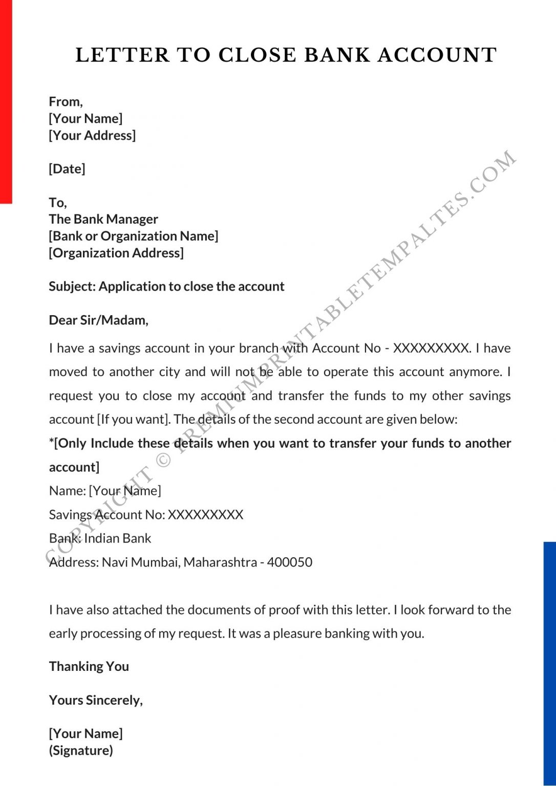 application letter for closing bank locker