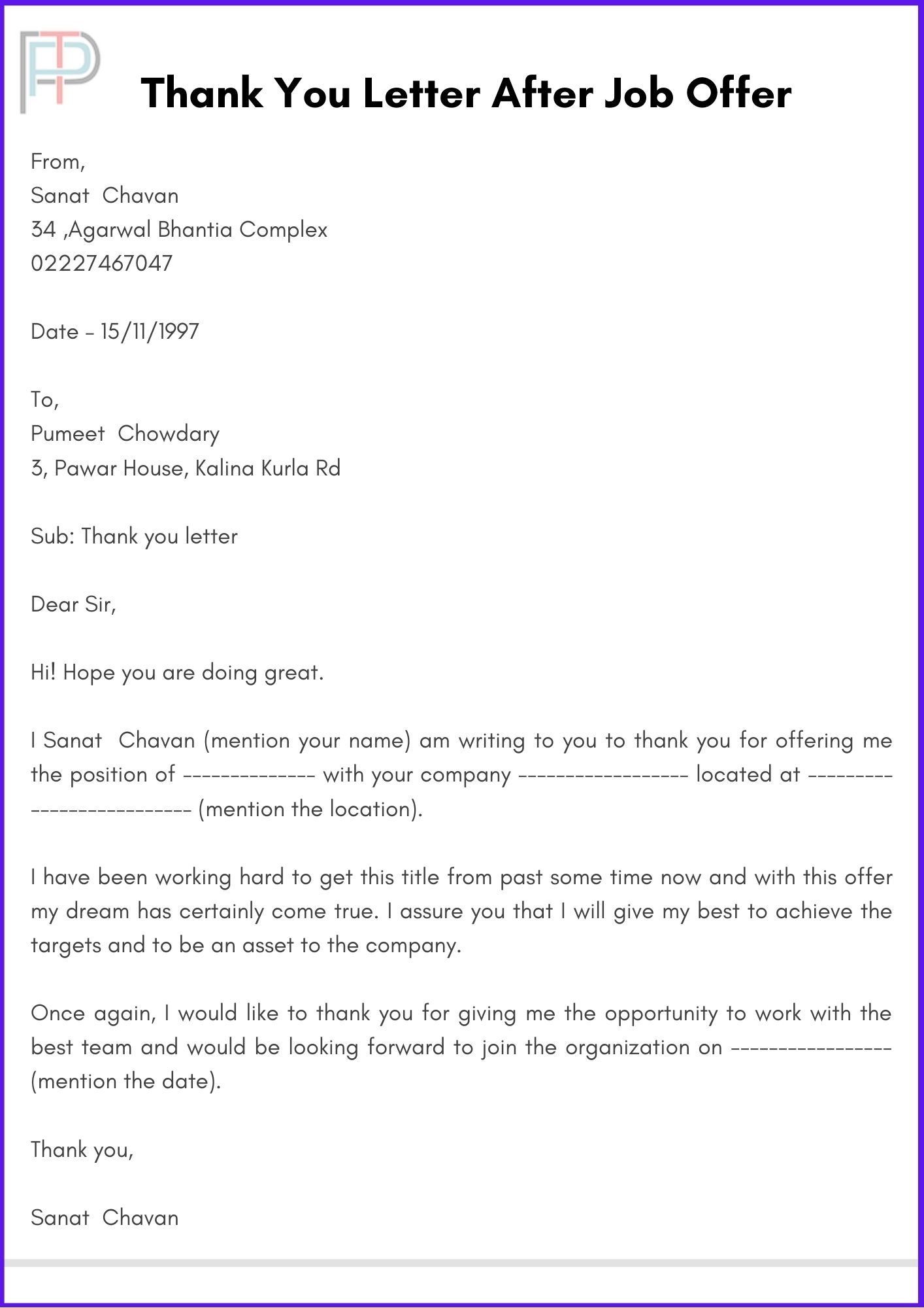 Thank You Letter After Job Offer 