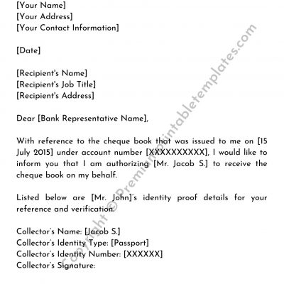 Authorization Letter for Cheque Book Collection