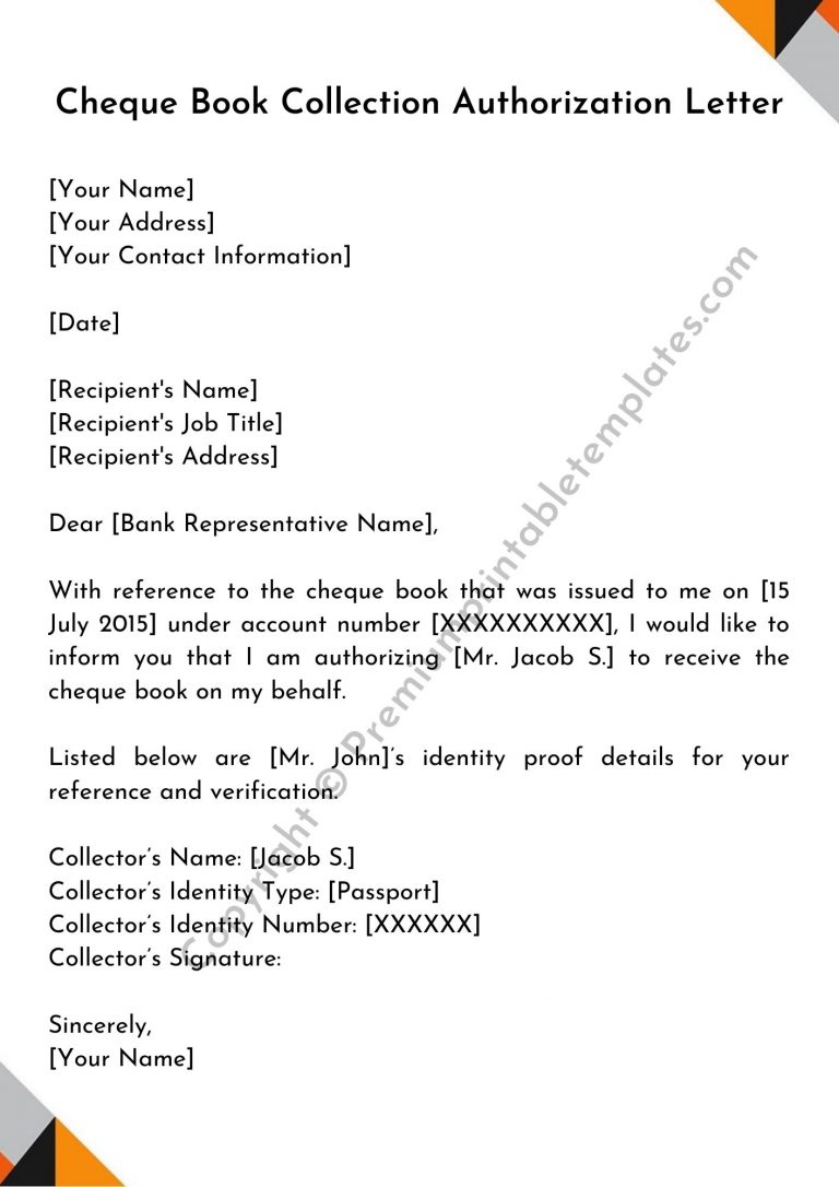 Authorization Letter to Collect Cheque Book Printable Template-[Pack of 5]