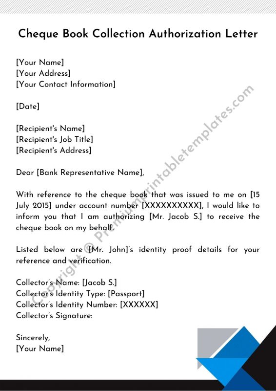 Authorization Letter to Collect Cheque Book Printable Template-[Pack of 5]