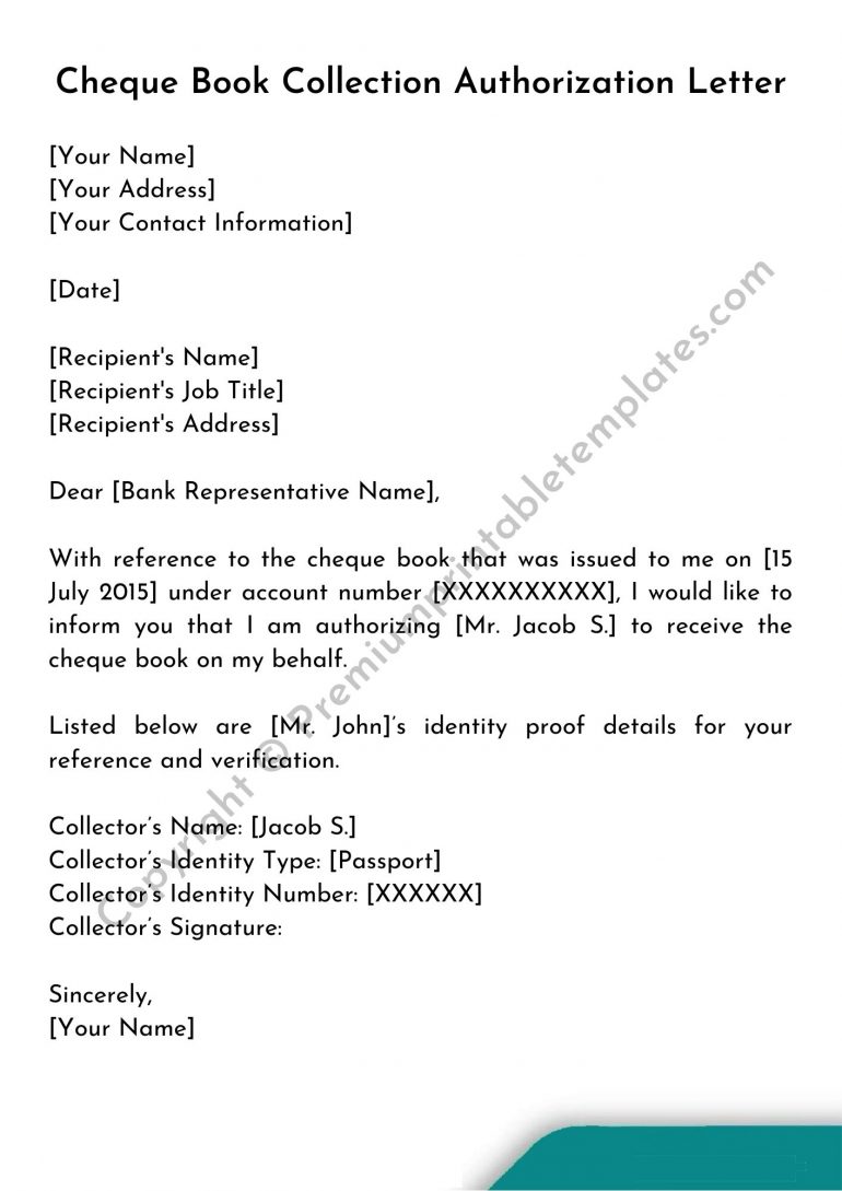 Authorization Letter to Collect Cheque Book Printable Template-[Pack of 5]