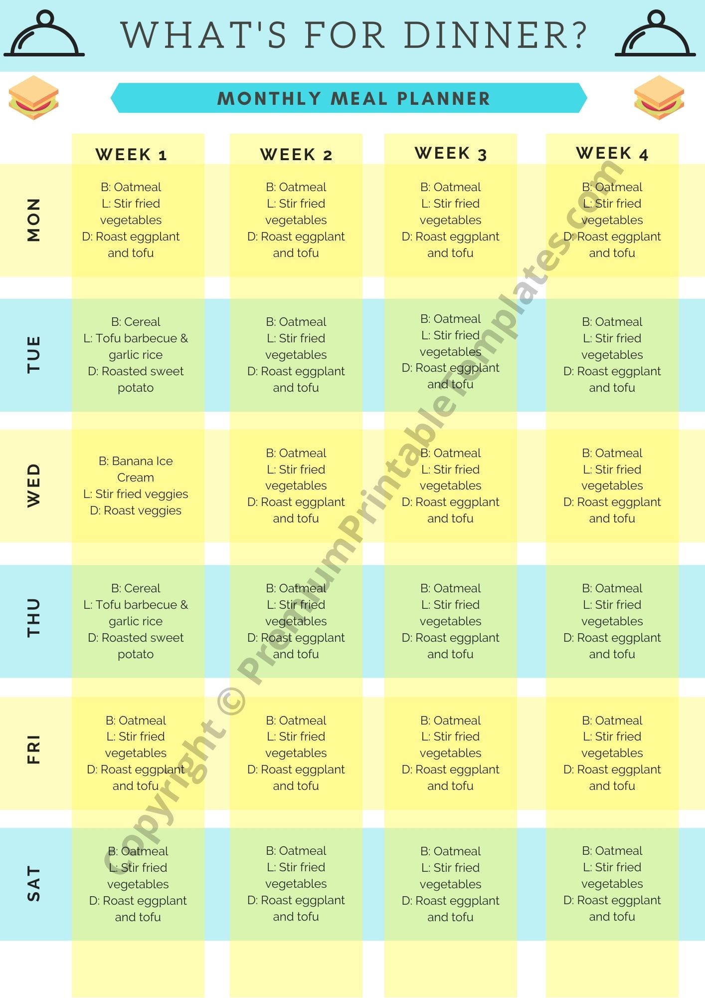Monthly Meal Plan Calendar Editable PDF Blank 