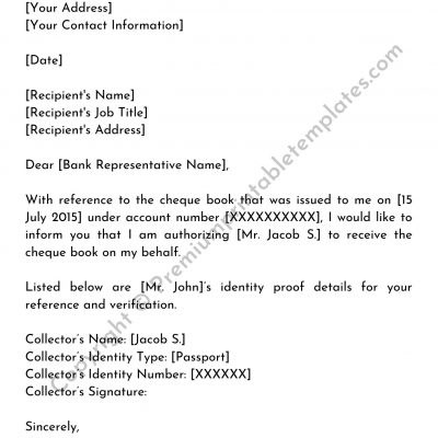 Printable Cheque Book Collection Authorization Letter