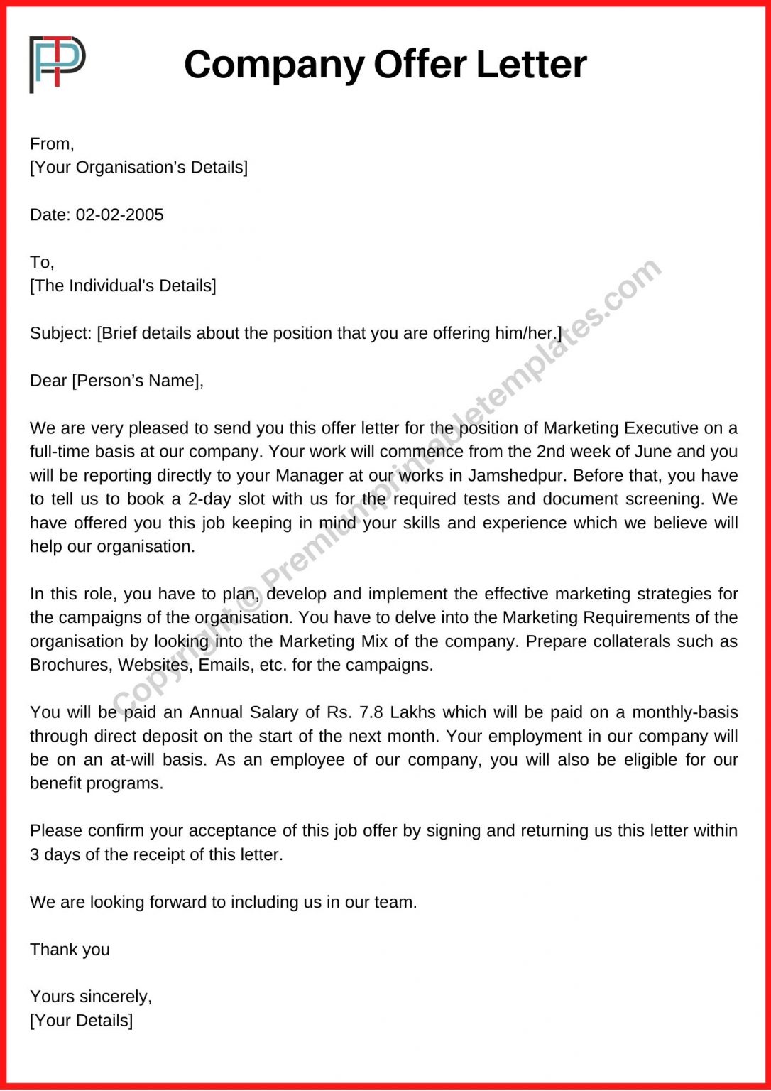 Business Offer Letter Sample